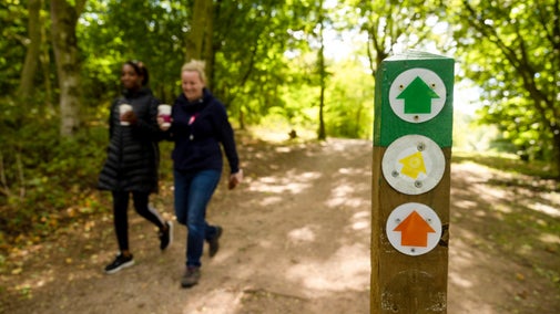 A signpost of the waymarked walking routes with visitors walking.